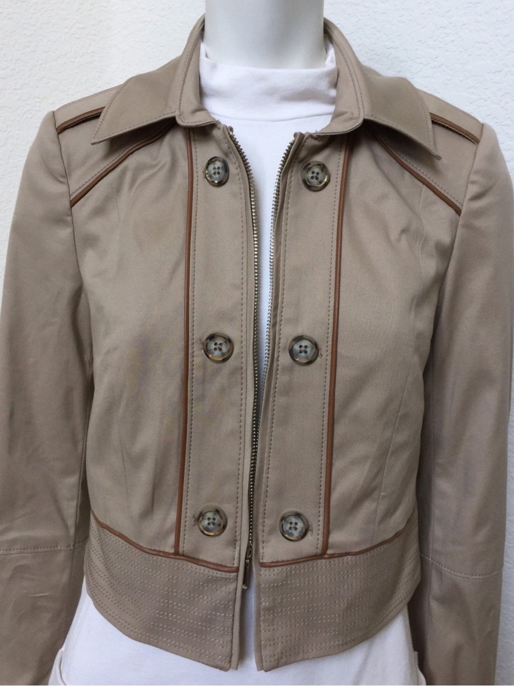 White House Black Market Tan Cropped Leather-Trim Jacket